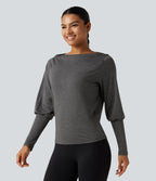 Boat Neck Long Sleeve Quick Dry Yoga Sports Top — Mottled Grey — view 3