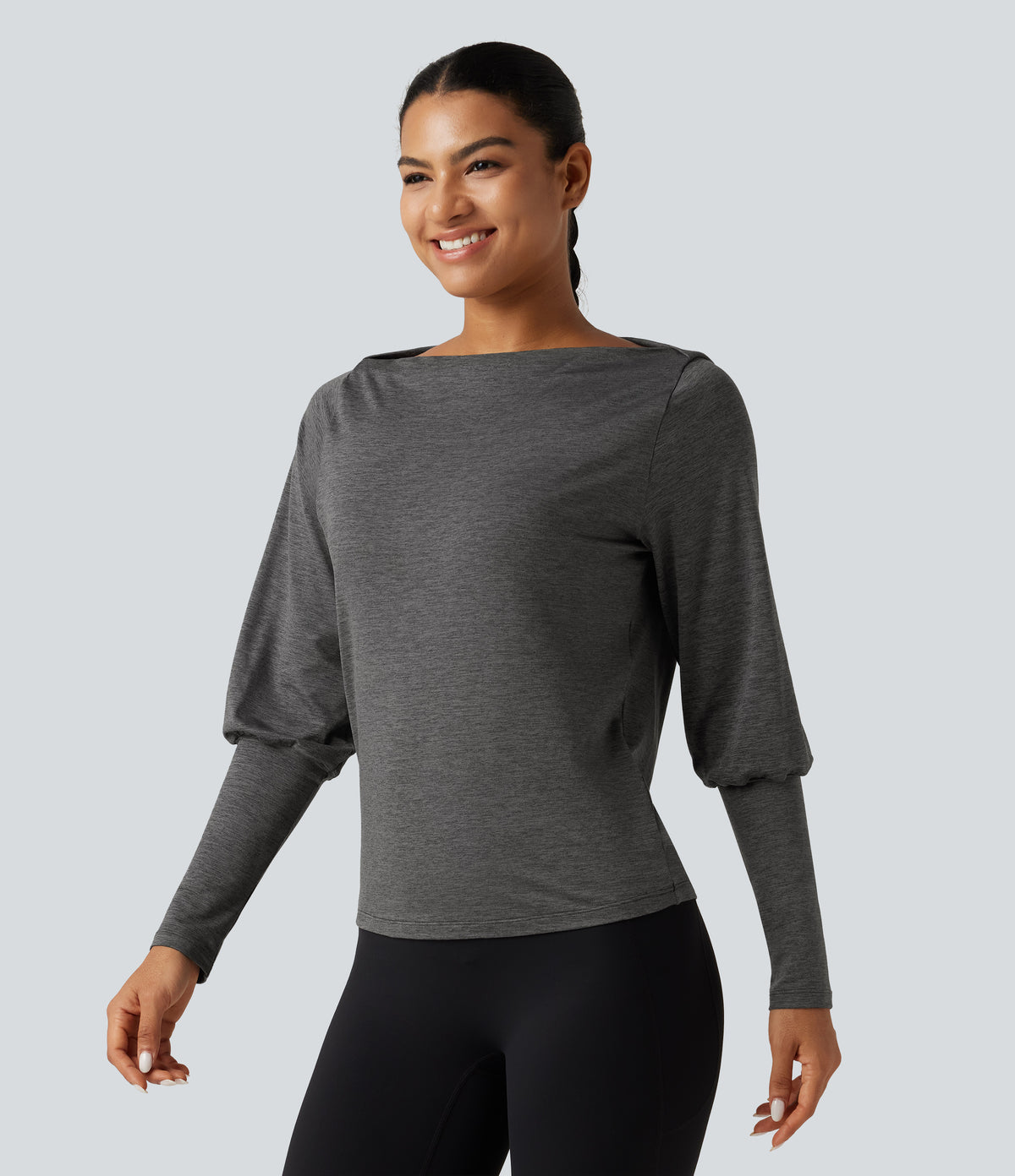 Boat Neck Long Sleeve Quick Dry Yoga Sports Top — Mottled Grey — view 3