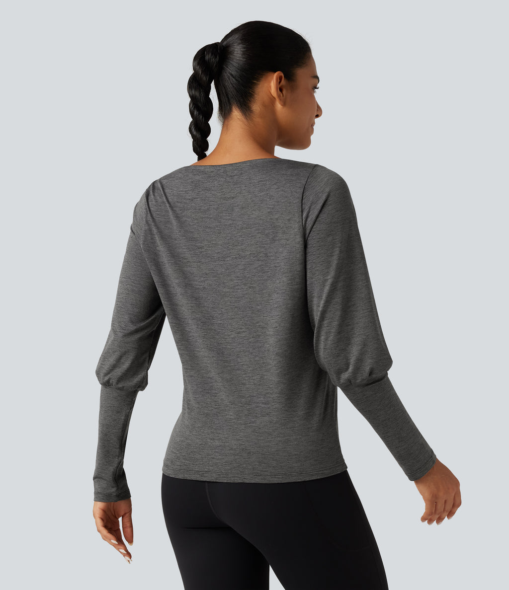 Boat Neck Long Sleeve Quick Dry Yoga Sports Top — Mottled Grey — view 2