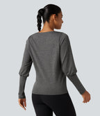 Boat Neck Long Sleeve Quick Dry Yoga Sports Top — Mottled Grey — view 2