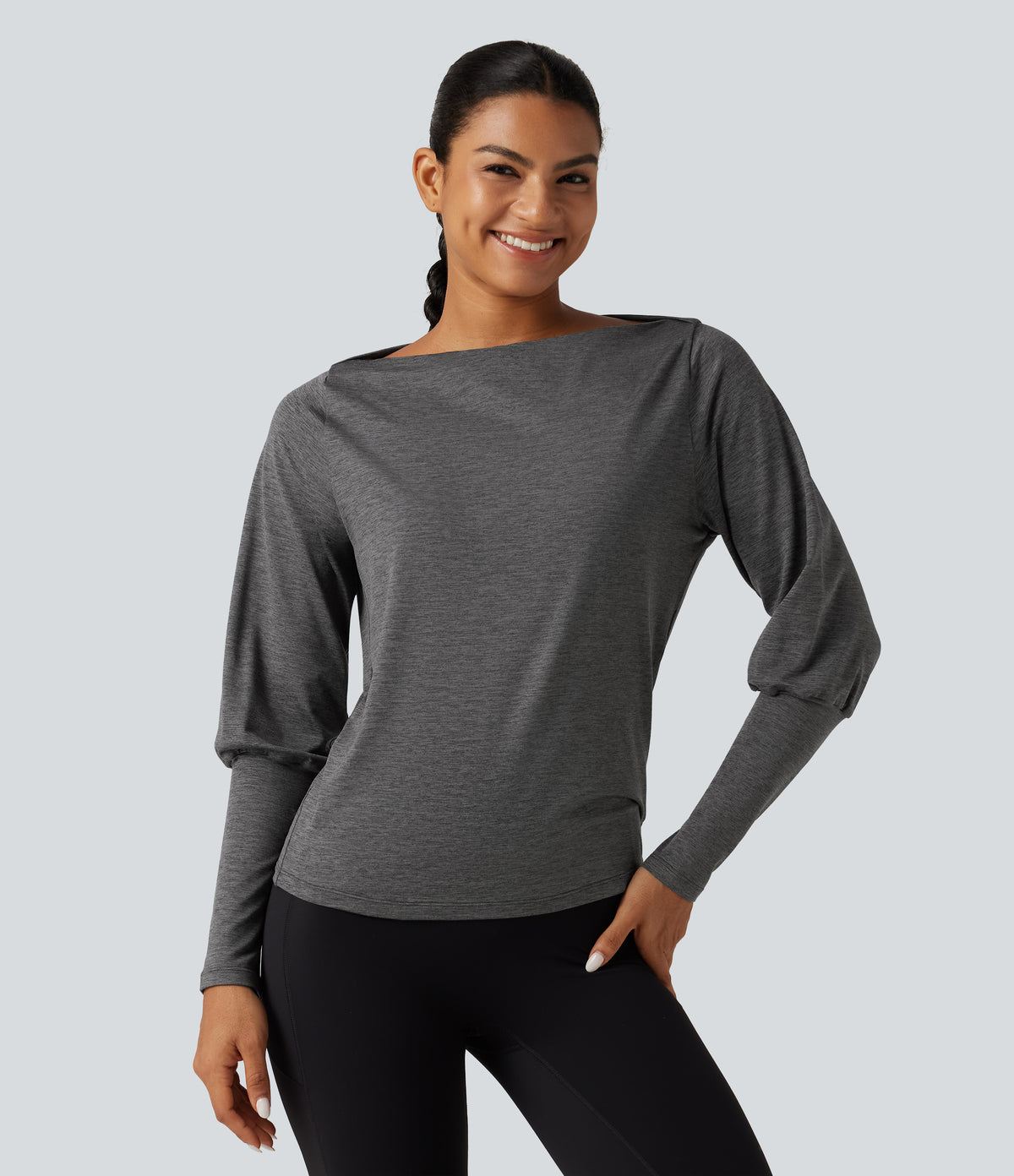 Boat Neck Long Sleeve Quick Dry Yoga Sports Top — Mottled Grey — view 4