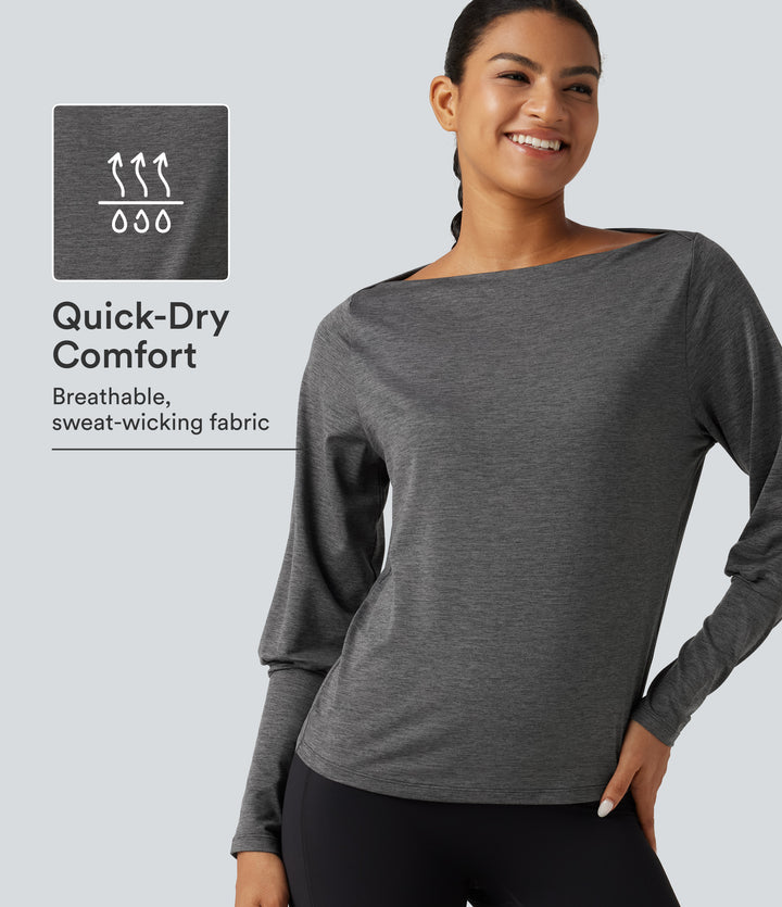 Boat Neck Long Sleeve Quick Dry Yoga Sports Top — Mottled Grey — view 1