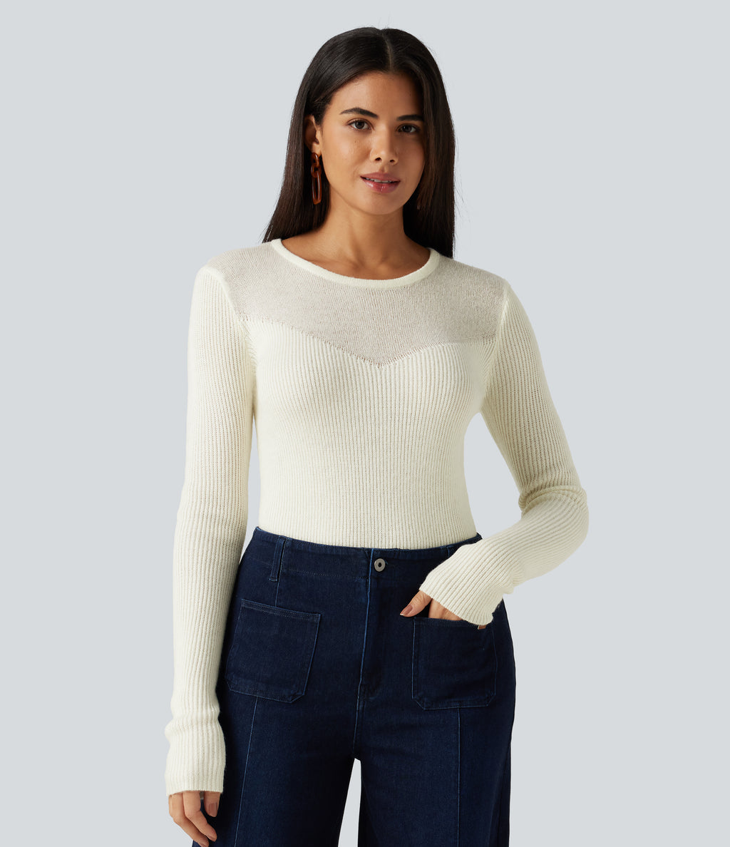 Round Neck Long Sleeve 2-in-1 Slim Casual Jumper — Snow White Oak — view 5