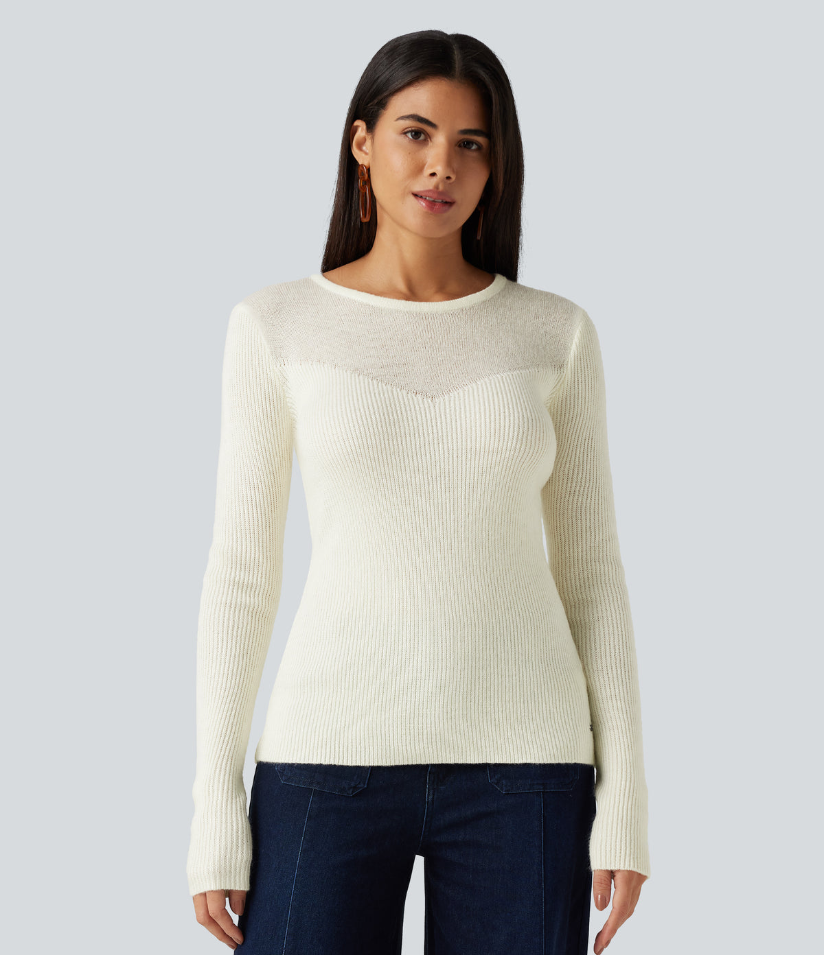 Round Neck Long Sleeve 2-in-1 Slim Casual Jumper — Snow White Oak — view 4
