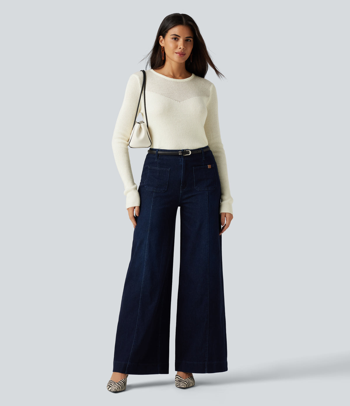 Round Neck Long Sleeve 2-in-1 Slim Casual Jumper — Snow White Oak — view 8