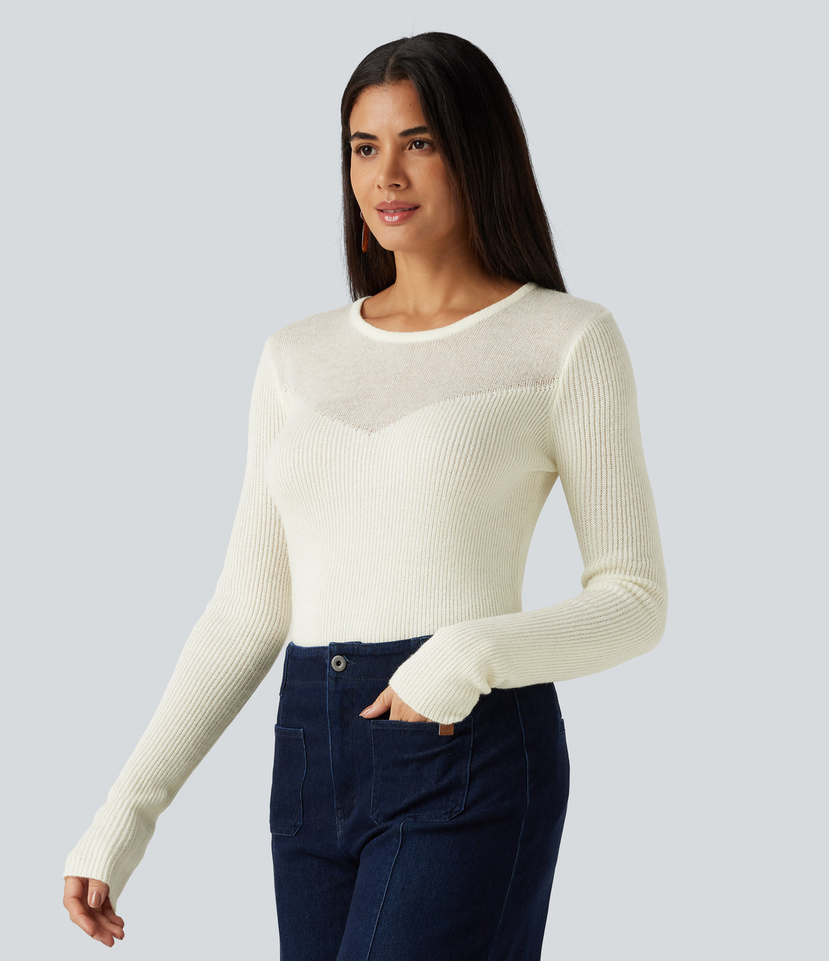 Round Neck Long Sleeve 2-in-1 Slim Casual Jumper — Snow White Oak — view 3