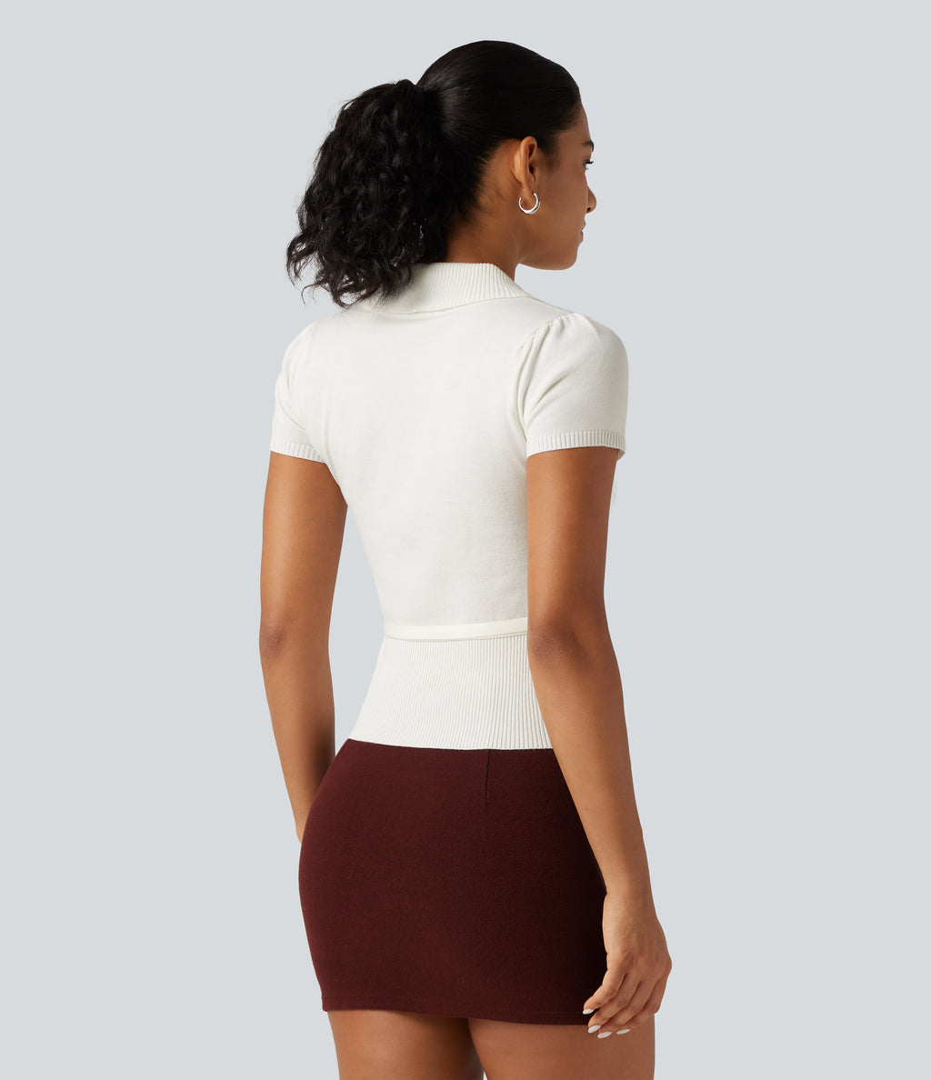V Neck Short Sleeve Ruched Slim Casual Jumper — White Alyssum — view 2