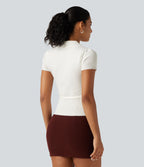 V Neck Short Sleeve Ruched Slim Casual Jumper — White Alyssum — view 2