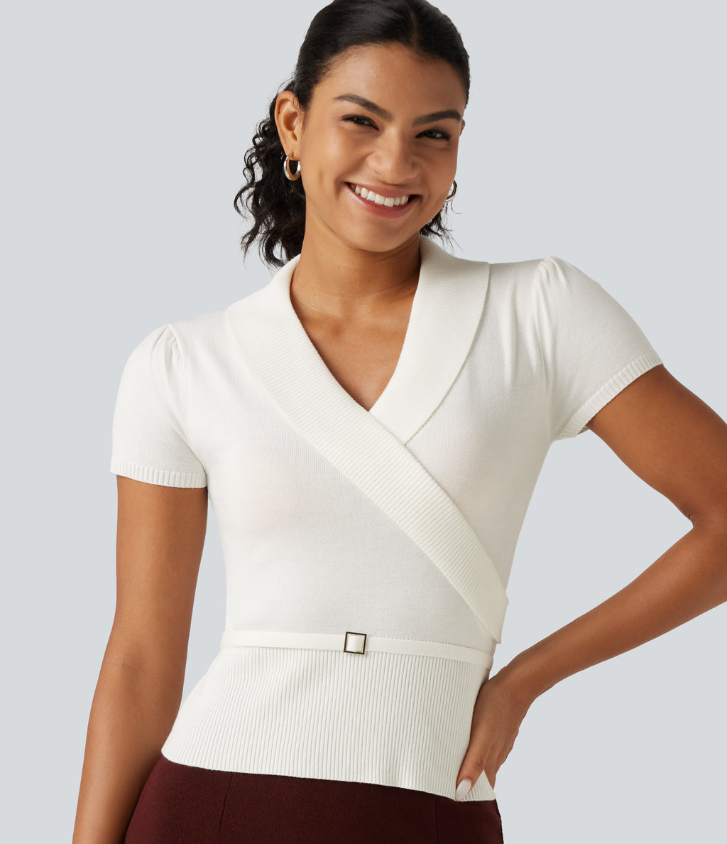V Neck Short Sleeve Ruched Slim Casual Jumper — White Alyssum — view 1