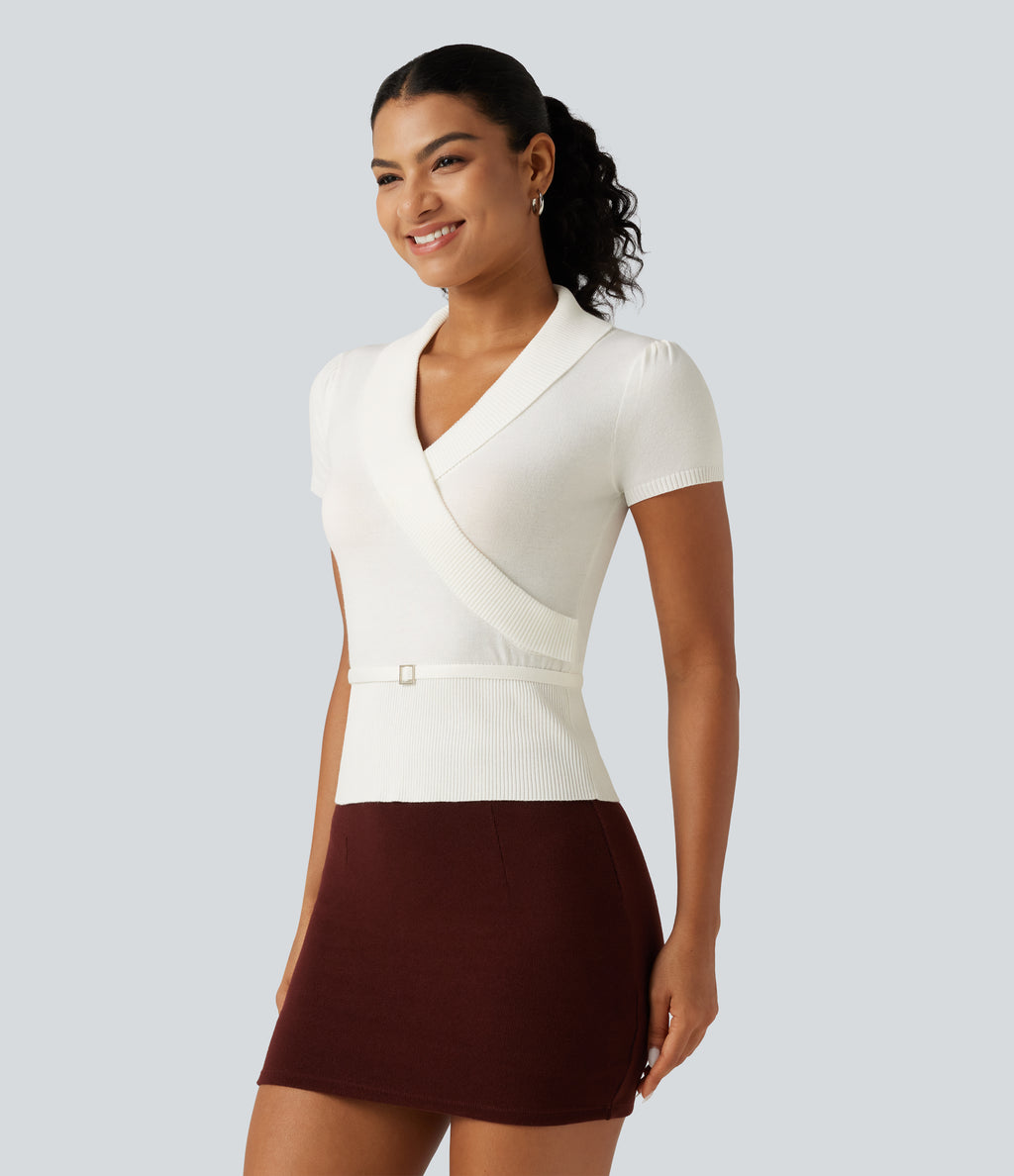 V Neck Short Sleeve Ruched Slim Casual Jumper — White Alyssum — view 3