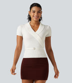 V Neck Short Sleeve Ruched Slim Casual Jumper — White Alyssum — view 4