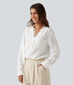 V Neck Contrast Lace Long Sleeve Work Shirt with Pocket — Jasmine White — view 3