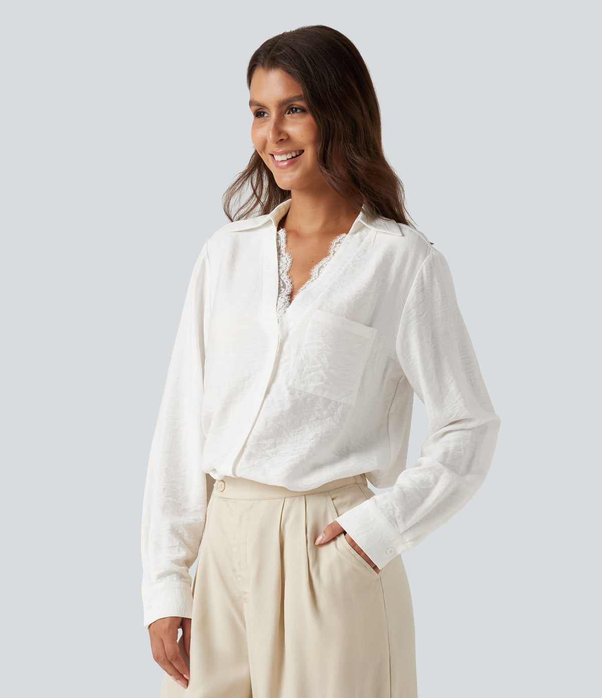 V Neck Contrast Lace Long Sleeve Work Shirt with Pocket — Jasmine White — view 3