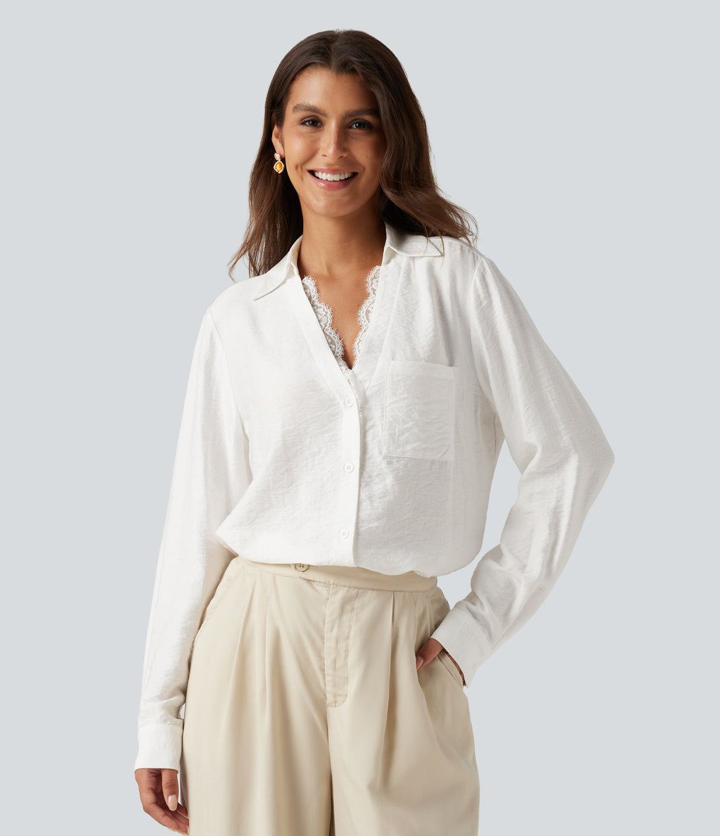 V Neck Contrast Lace Long Sleeve Work Shirt with Pocket — Jasmine White — view 4