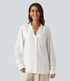 V Neck Contrast Lace Long Sleeve Work Shirt with Pocket — Jasmine White — view 5