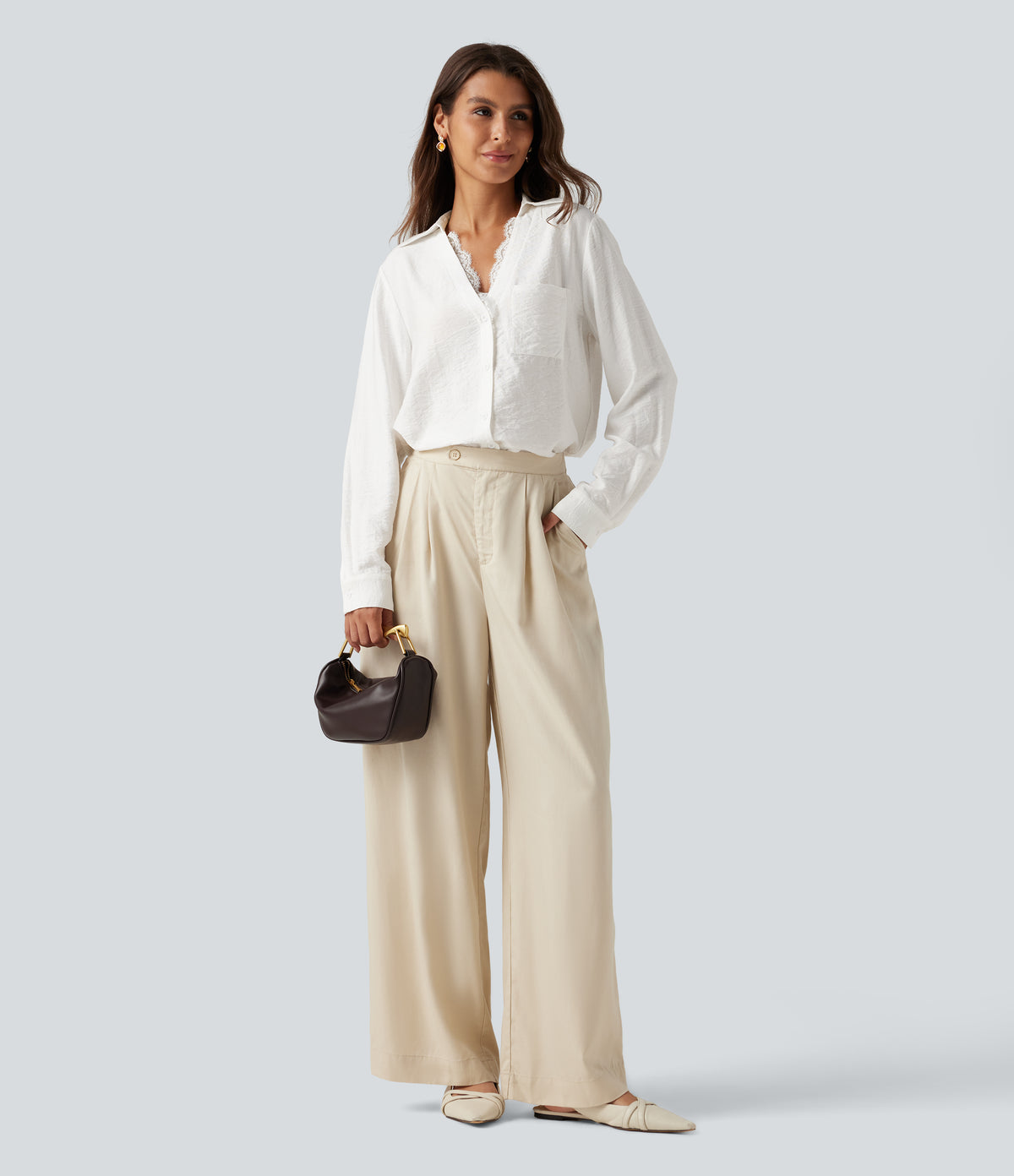 V Neck Contrast Lace Long Sleeve Work Shirt with Pocket — Jasmine White — view 8