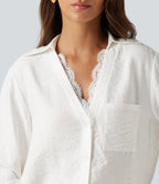 V Neck Contrast Lace Long Sleeve Work Shirt with Pocket — Jasmine White — view 6