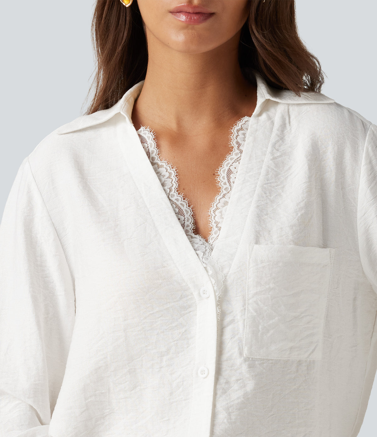 V Neck Contrast Lace Long Sleeve Work Shirt with Pocket — Jasmine White — view 6