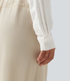 V Neck Contrast Lace Long Sleeve Work Shirt with Pocket — Jasmine White — view 7