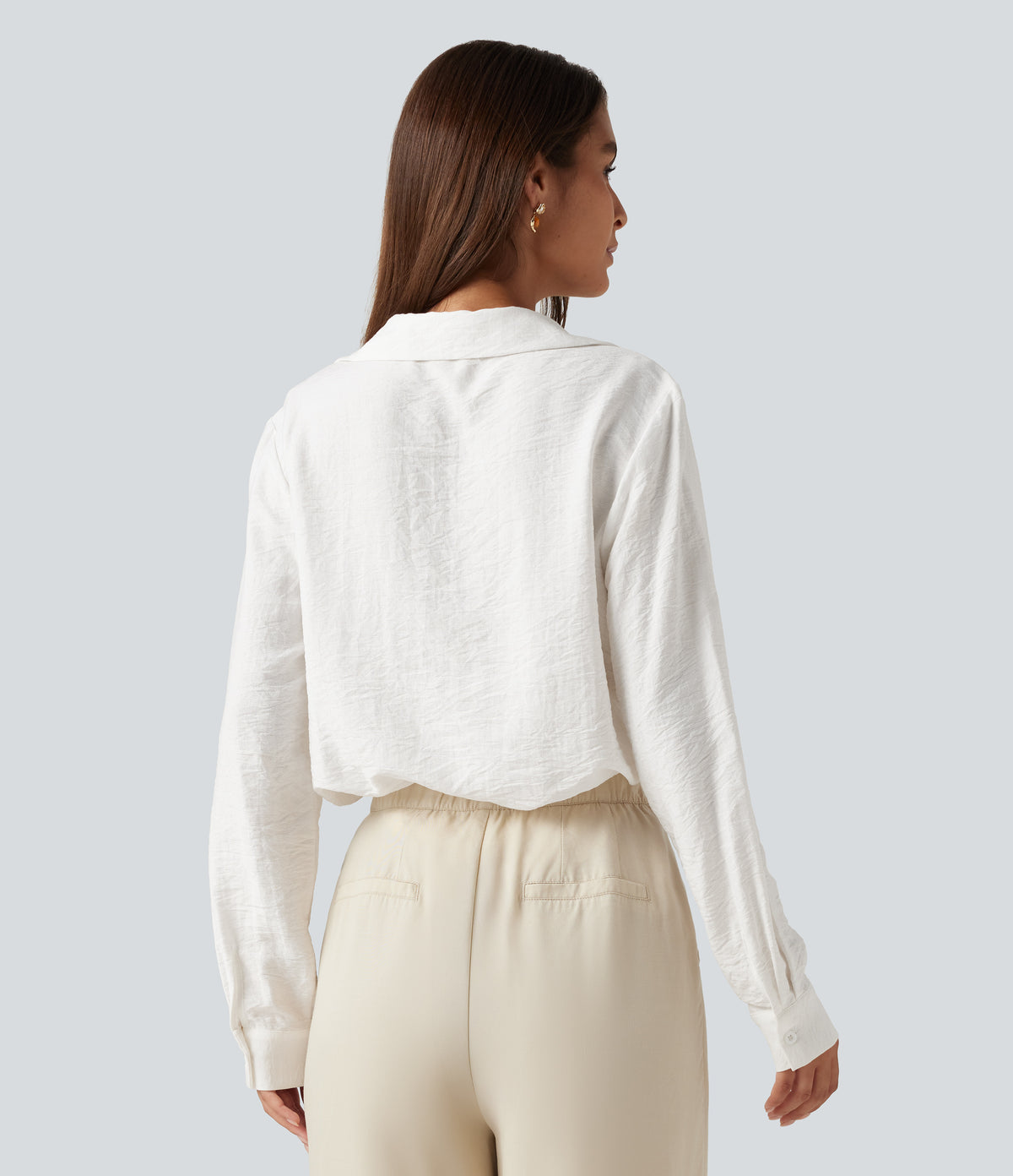 V Neck Contrast Lace Long Sleeve Work Shirt with Pocket — Jasmine White — view 2