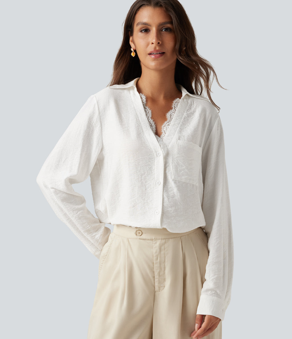 V Neck Contrast Lace Long Sleeve Work Shirt with Pocket — Jasmine White — view 1