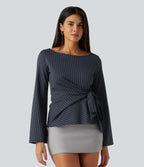 Boat Neck Flounce Long Sleeve Tie Side Ruched Stripe Work Blouse — Navy Pinstripe — view 4