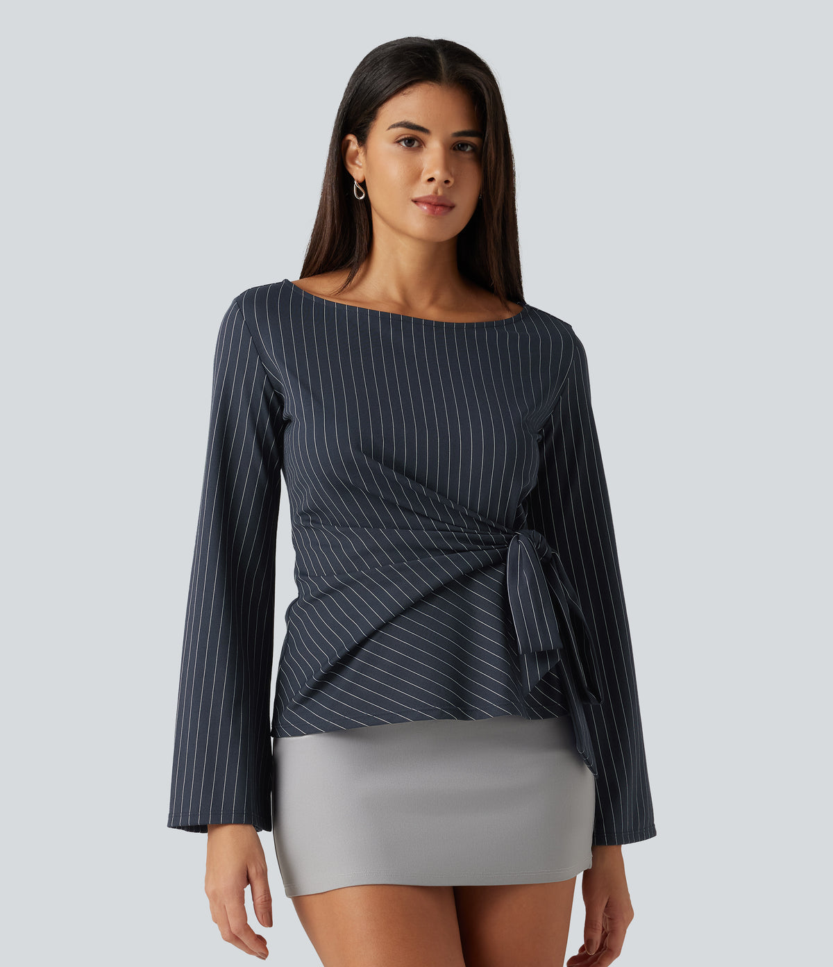 Boat Neck Flounce Long Sleeve Tie Side Ruched Stripe Work Blouse — Navy Pinstripe — view 4