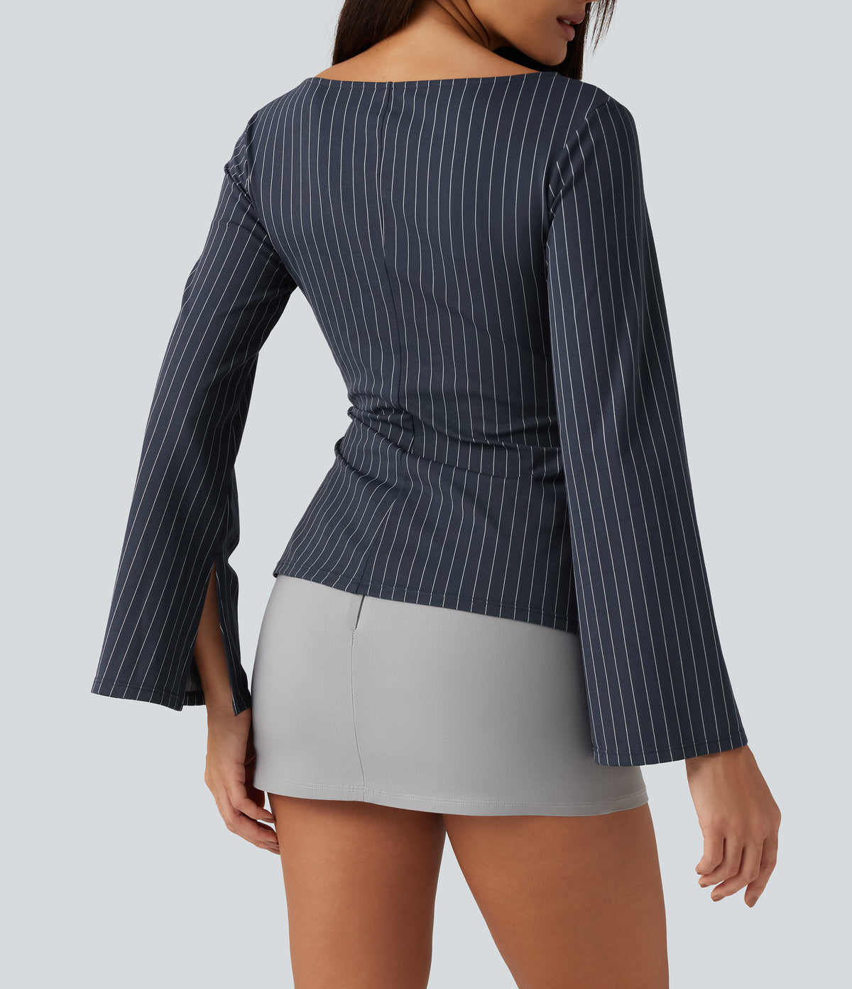 Boat Neck Flounce Long Sleeve Tie Side Ruched Stripe Work Blouse — Navy Pinstripe — view 5
