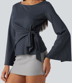Boat Neck Flounce Long Sleeve Tie Side Ruched Stripe Work Blouse — Navy Pinstripe — view 6