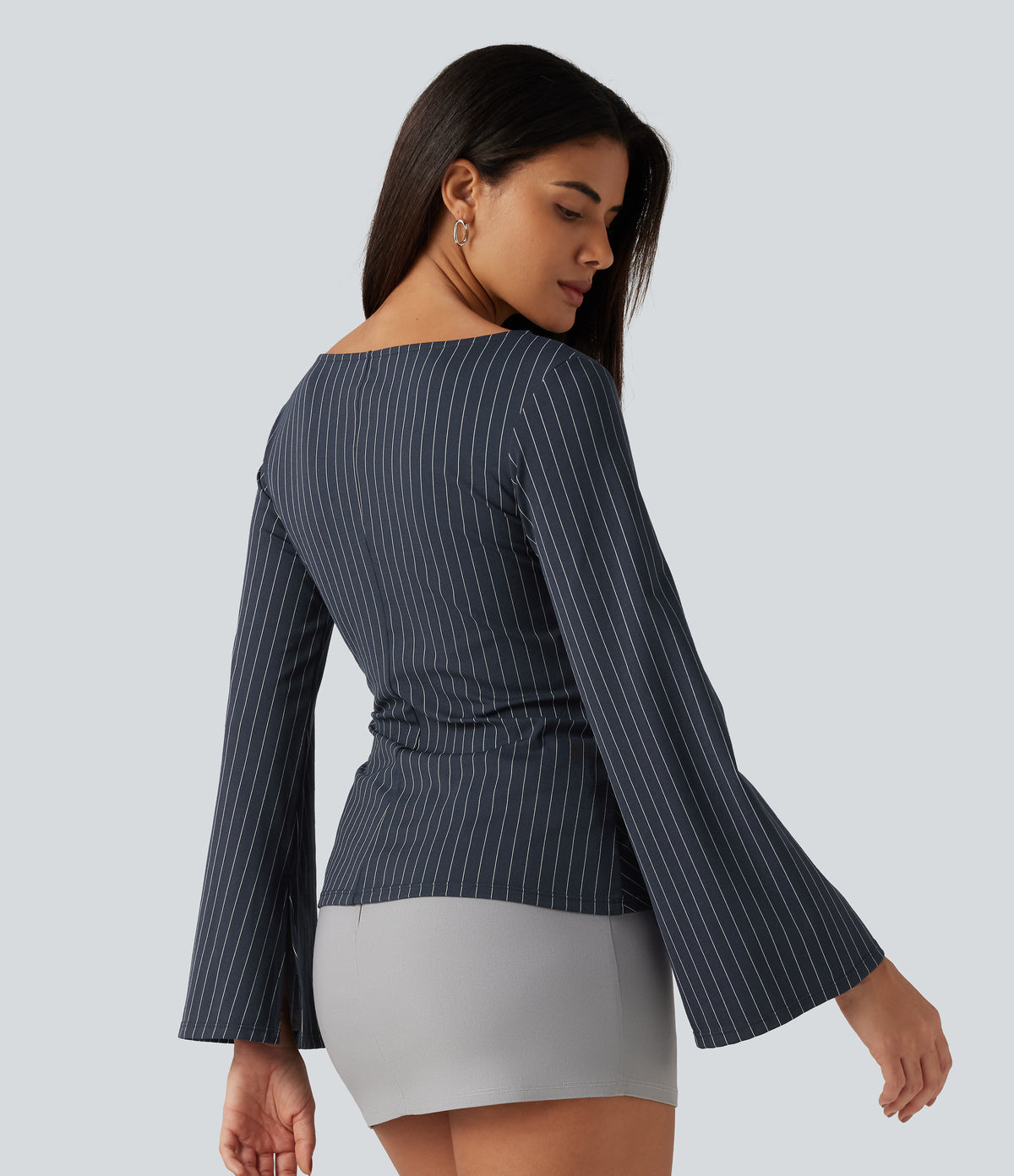 Boat Neck Flounce Long Sleeve Tie Side Ruched Stripe Work Blouse — Navy Pinstripe — view 2