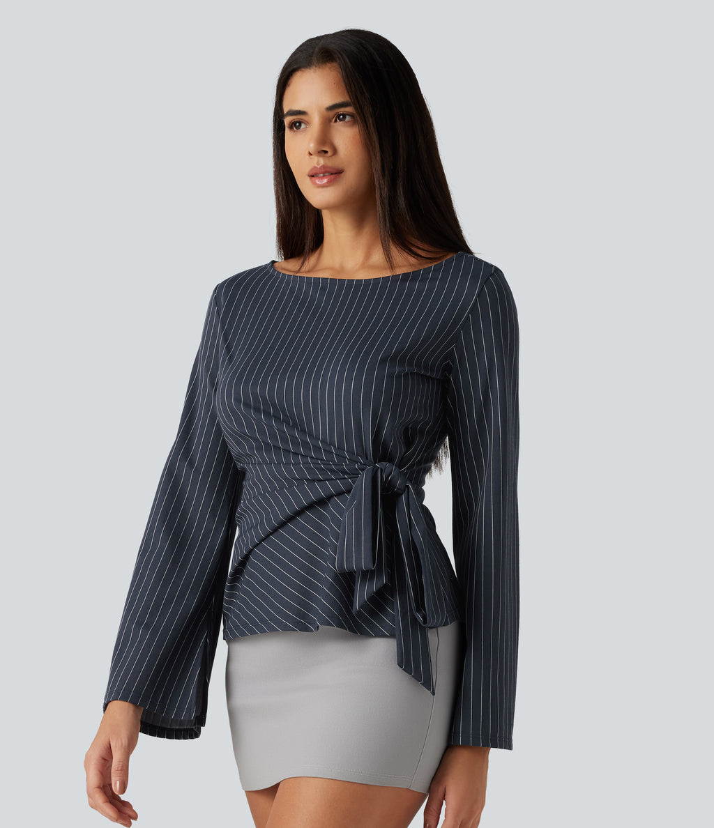 Boat Neck Flounce Long Sleeve Tie Side Ruched Stripe Work Blouse — Navy Pinstripe — view 3