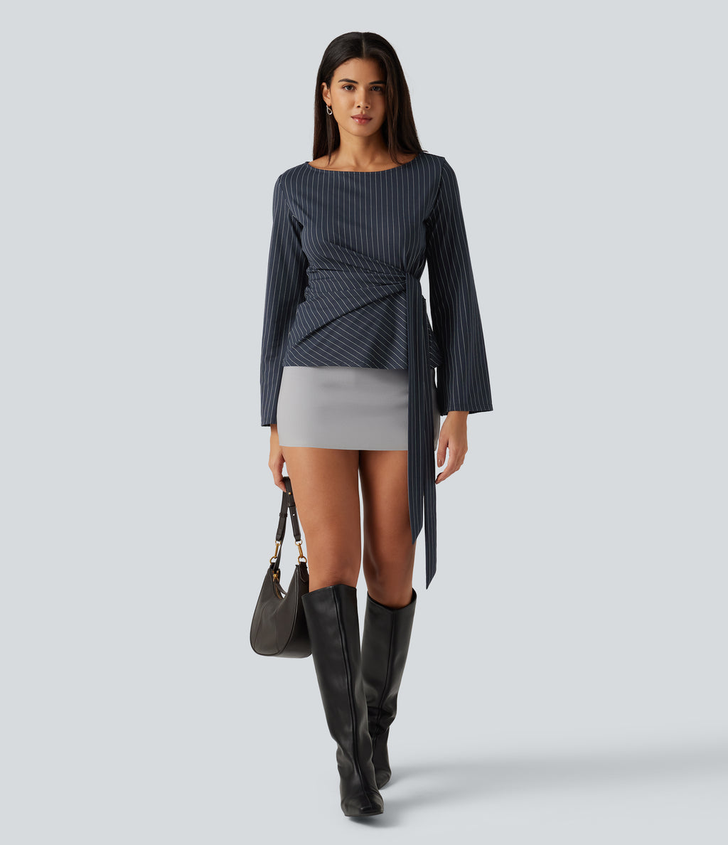 Boat Neck Flounce Long Sleeve Tie Side Ruched Stripe Work Blouse — Navy Pinstripe — view 7