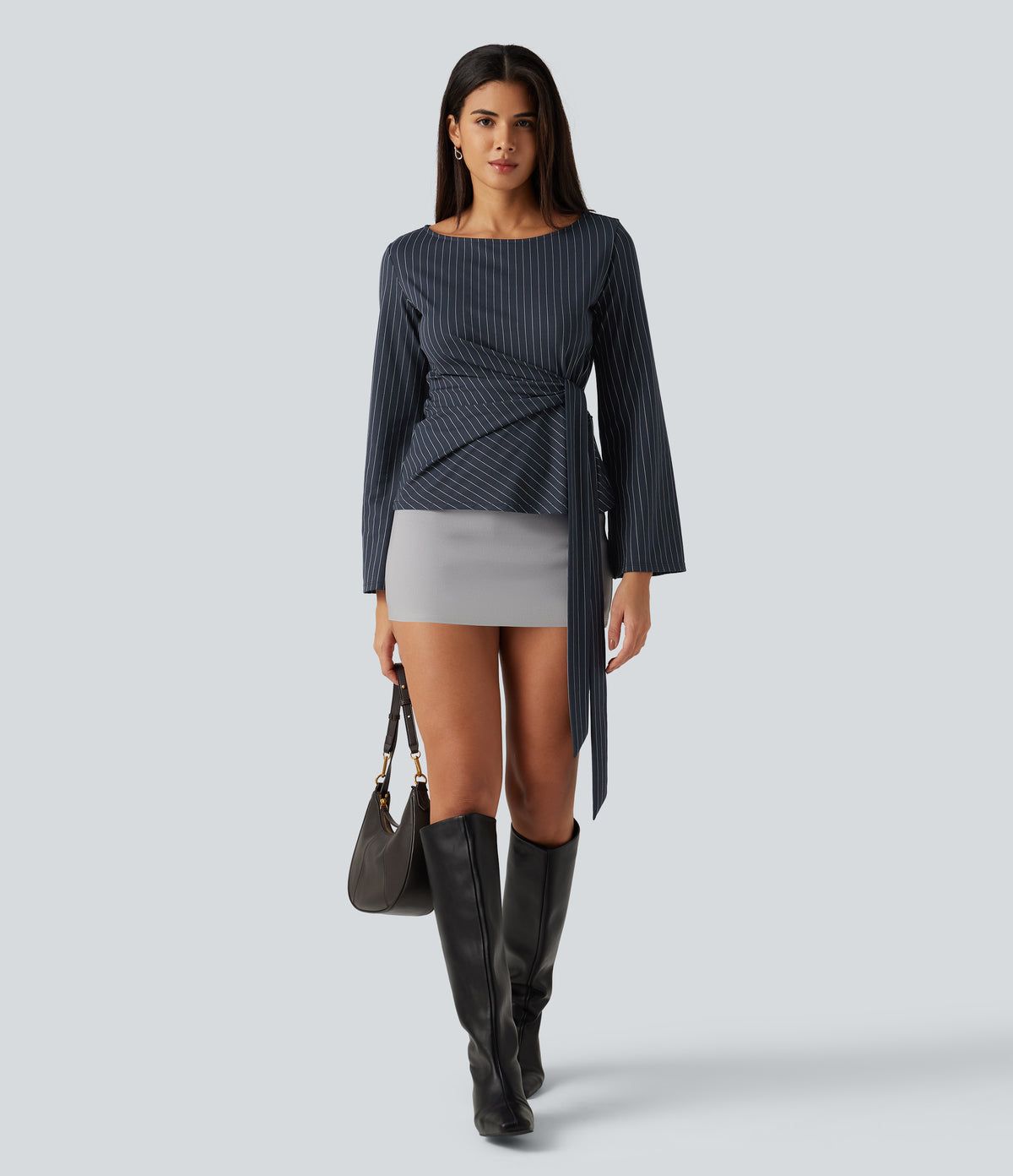 Boat Neck Flounce Long Sleeve Tie Side Ruched Stripe Work Blouse — Navy Pinstripe — view 7