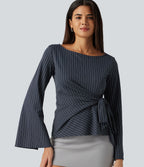 Boat Neck Flounce Long Sleeve Tie Side Ruched Stripe Work Blouse — Navy Pinstripe — view 1