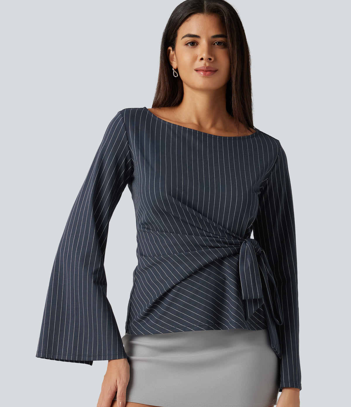Boat Neck Flounce Long Sleeve Tie Side Ruched Stripe Work Blouse — Navy Pinstripe — view 1