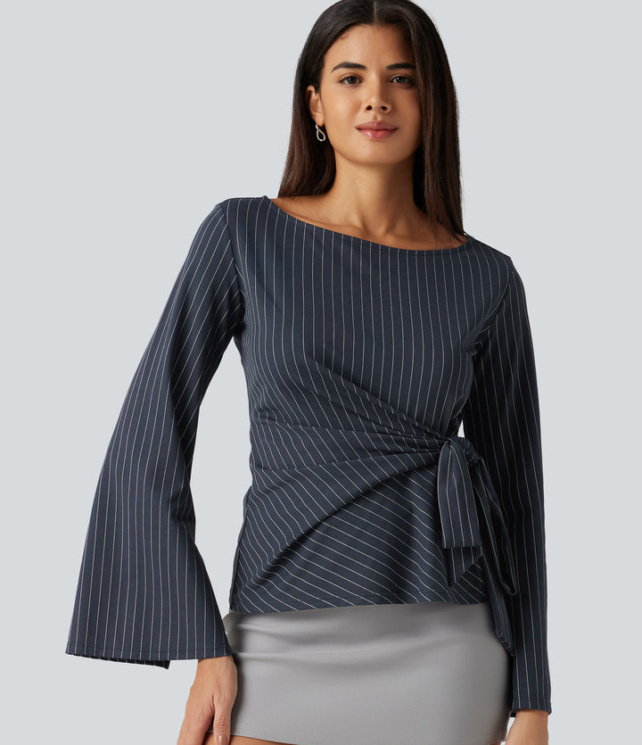 Boat Neck Flounce Long Sleeve Tie Side Ruched Stripe Work Blouse — Navy Pinstripe — view 1