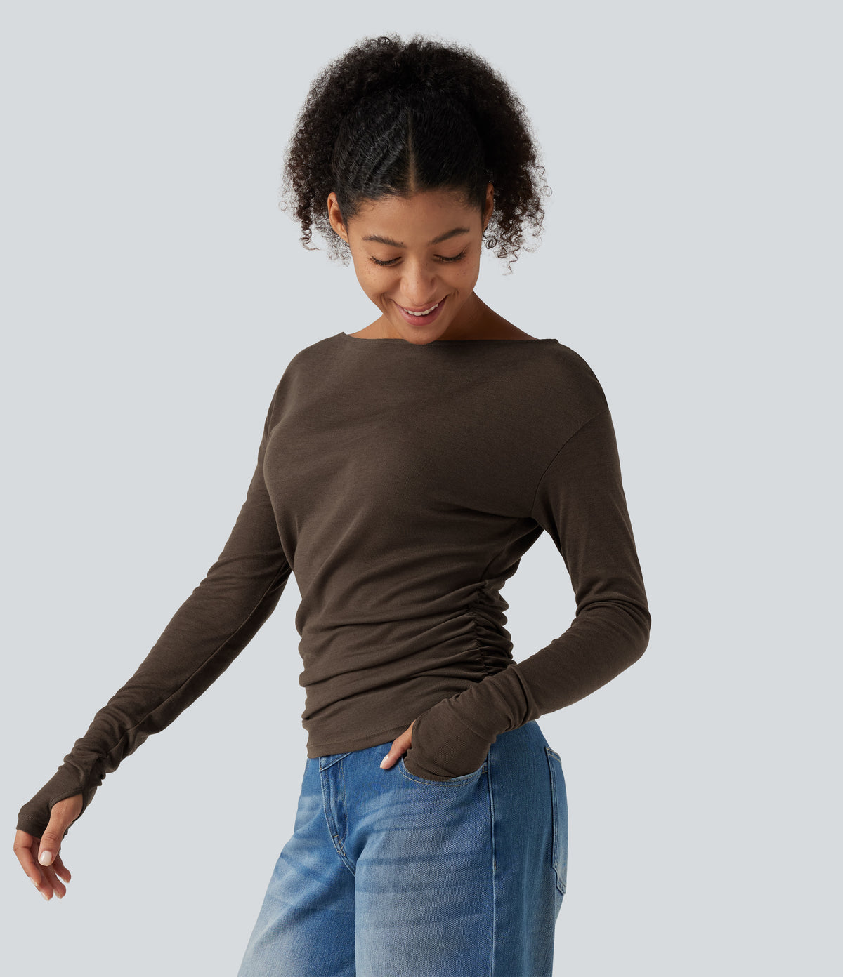 Boat Neck Long Sleeve Thumb Hole Ruched Casual Top — Coffee Quartz — view 3