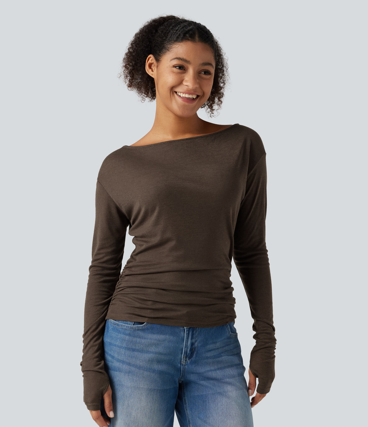 Boat Neck Long Sleeve Thumb Hole Ruched Casual Top — Coffee Quartz — view 4