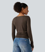 Boat Neck Long Sleeve Thumb Hole Ruched Casual Top — Coffee Quartz — view 2