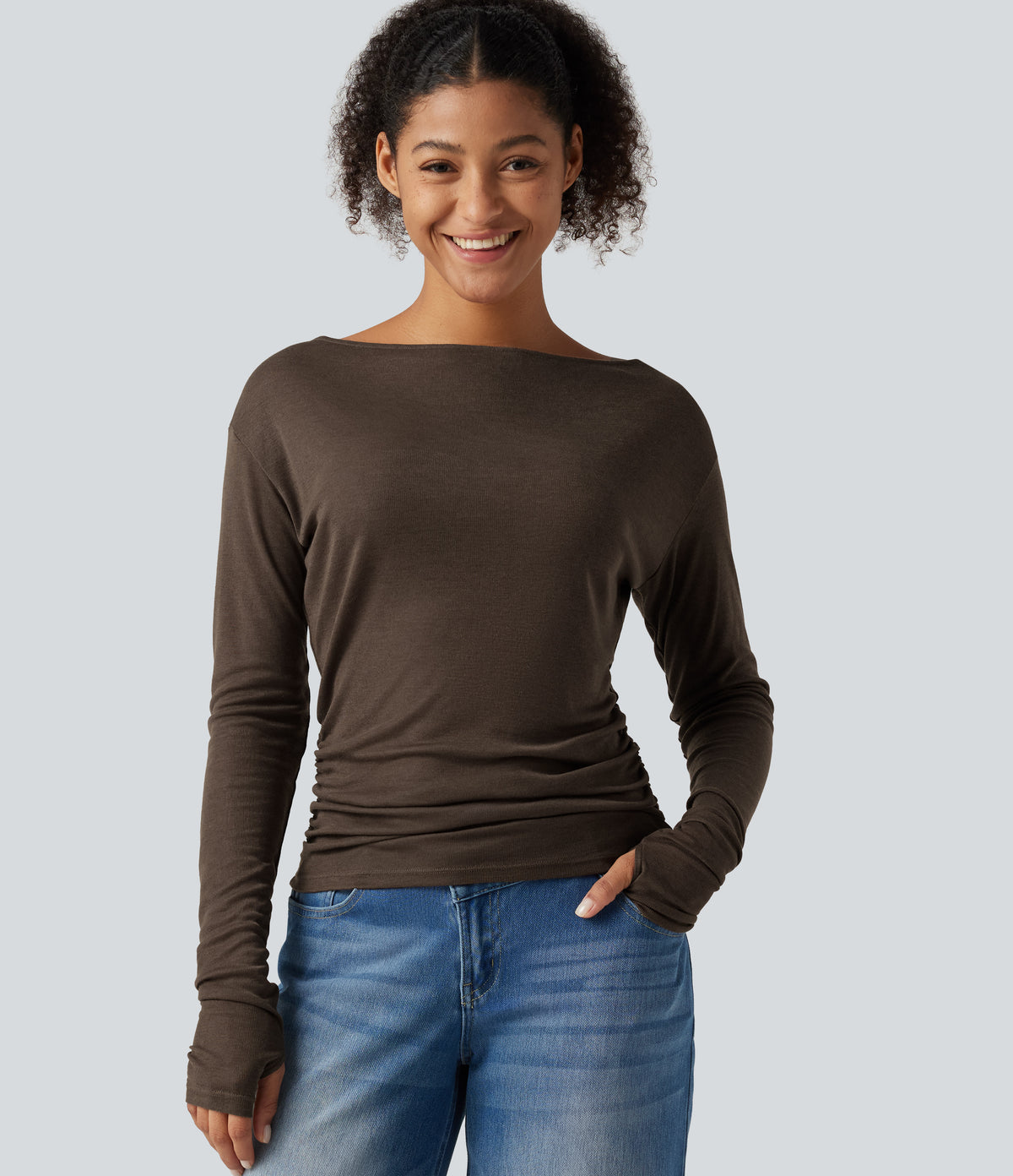 Boat Neck Long Sleeve Thumb Hole Ruched Casual Top — Coffee Quartz — view 1