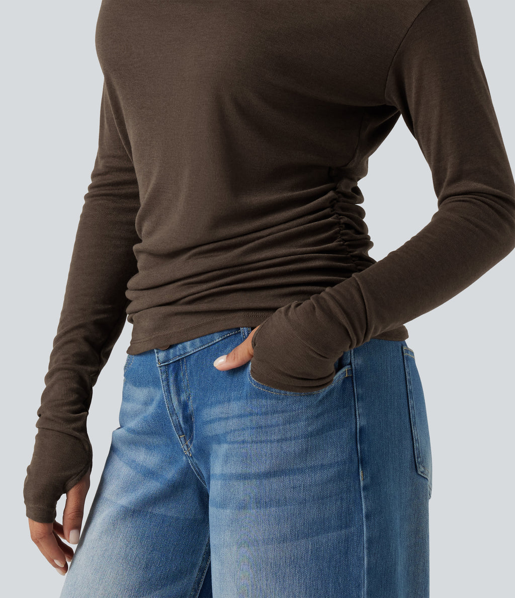 Boat Neck Long Sleeve Thumb Hole Ruched Casual Top — Coffee Quartz — view 5