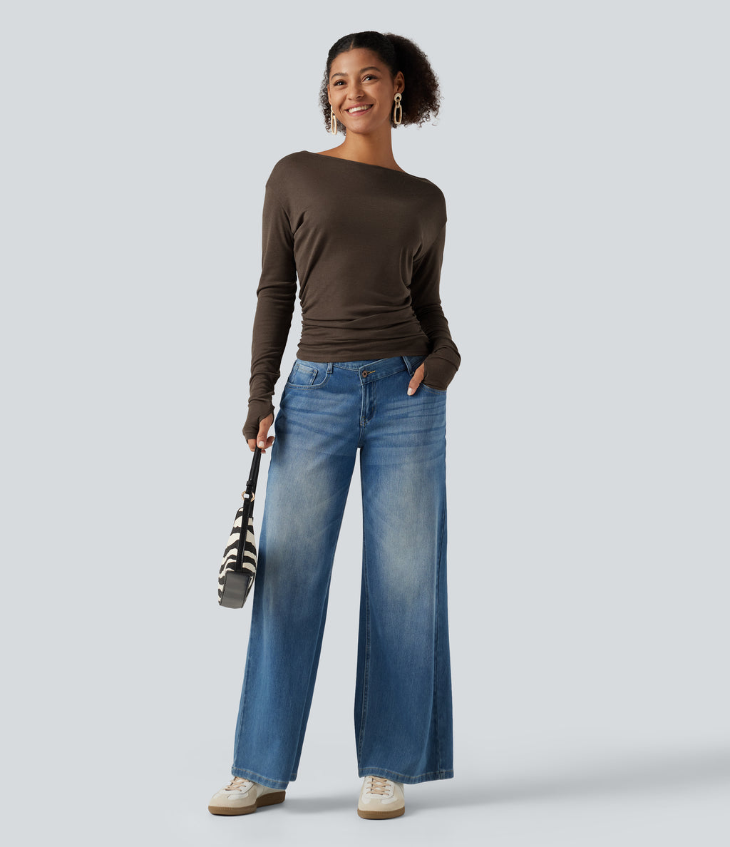 Boat Neck Long Sleeve Thumb Hole Ruched Casual Top — Coffee Quartz — view 6