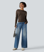 Boat Neck Long Sleeve Thumb Hole Ruched Casual Top — Coffee Quartz — view 6