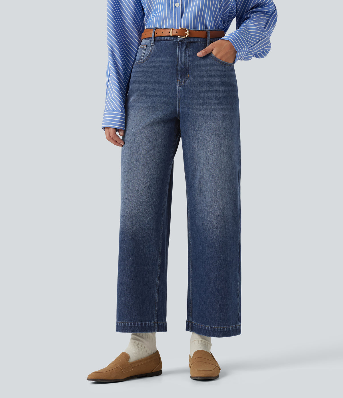 High Waisted Wide Leg Casual Jeans with Pockets — Tide Blue Denim — view 4