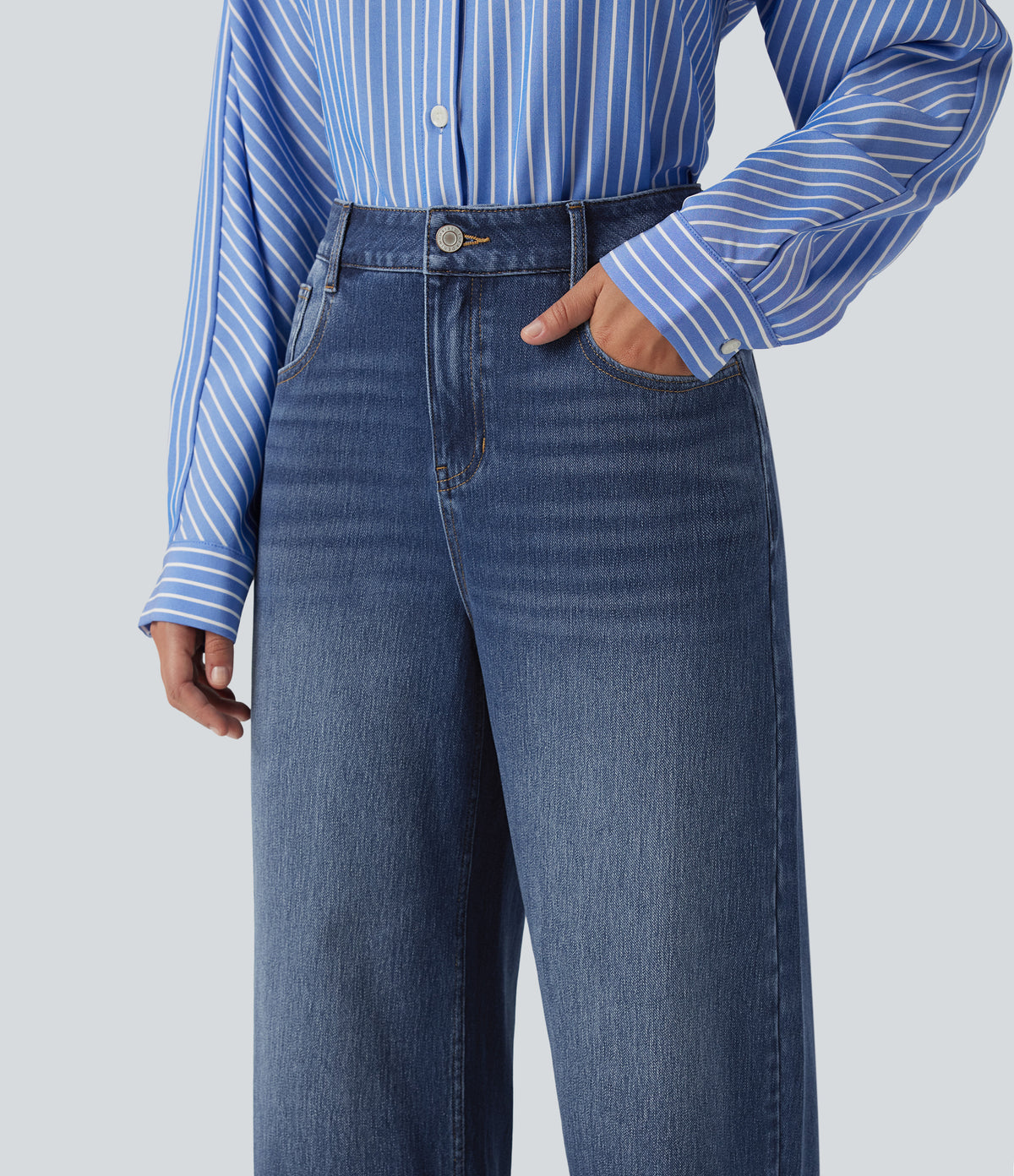 High Waisted Wide Leg Casual Jeans with Pockets — Tide Blue Denim — view 6