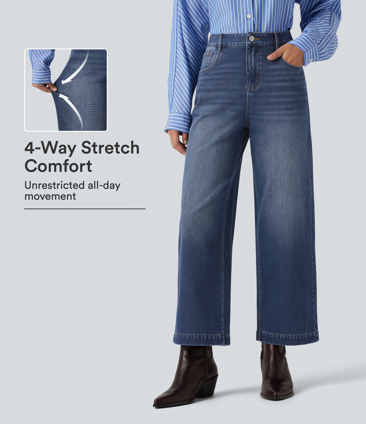 High Waisted Wide Leg Casual Jeans with Pockets — Tide Blue Denim — view 1