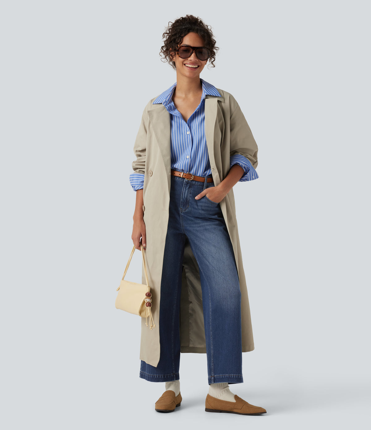 High Waisted Wide Leg Casual Jeans with Pockets — Tide Blue Denim — view 8