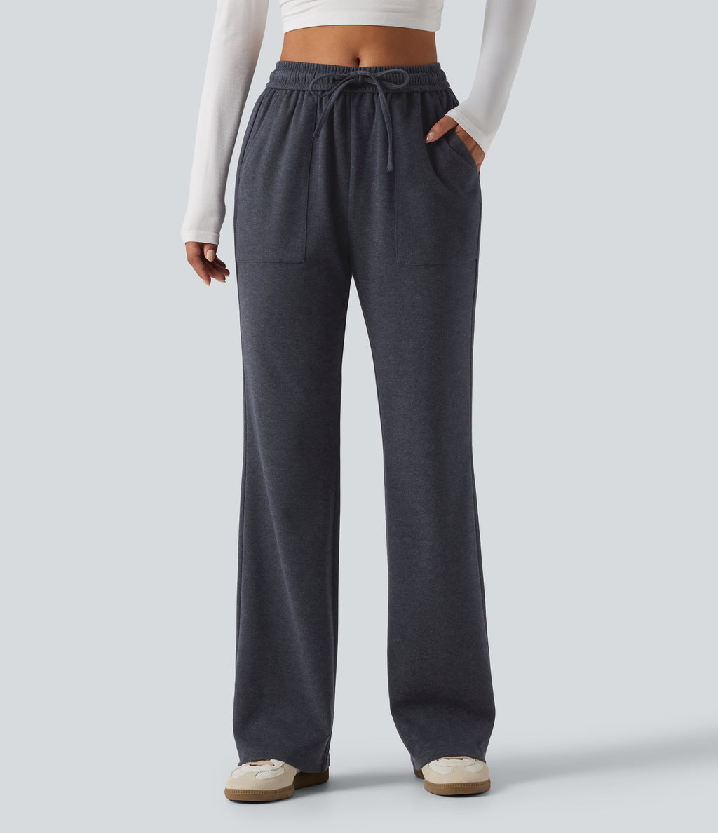 Mid Rise Drawstring Bootcut Work Trousers with Pockets — Navy — view 1