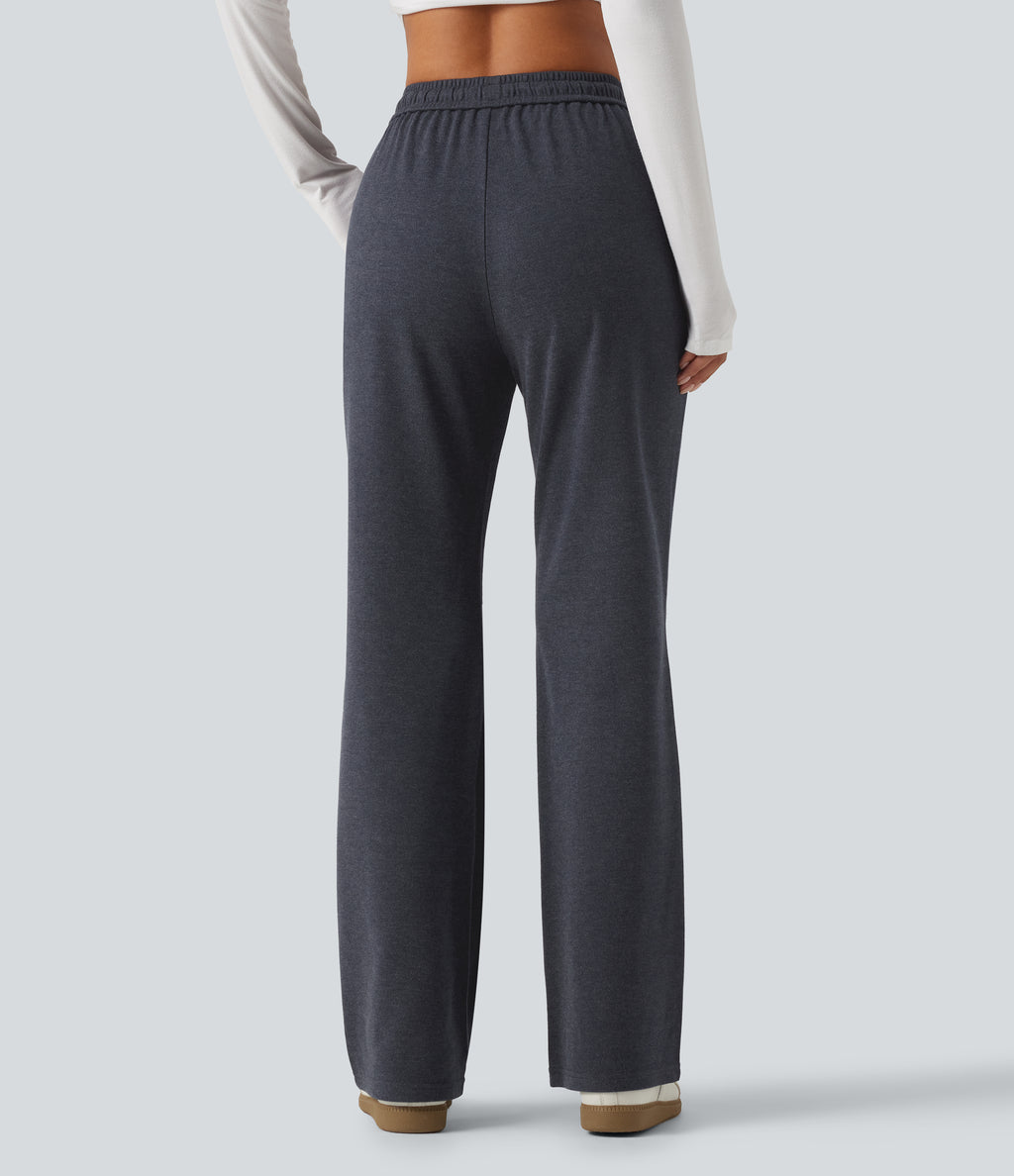 Mid Rise Drawstring Bootcut Work Trousers with Pockets — Navy — view 2