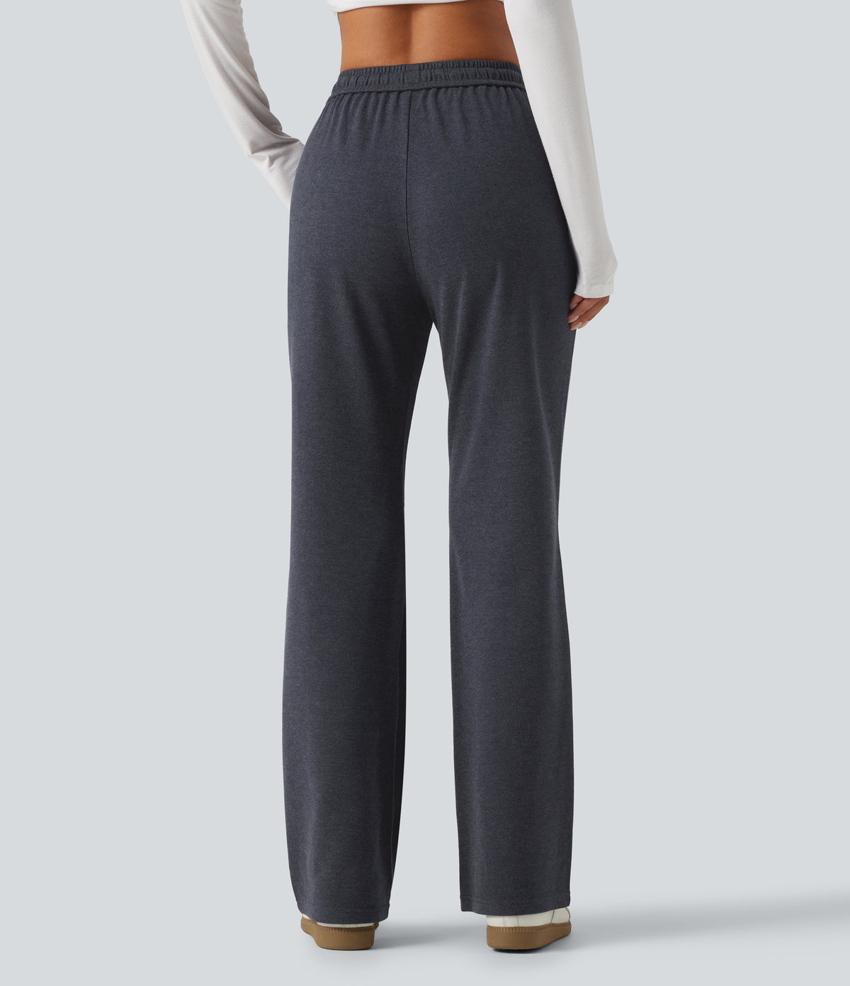 Mid Rise Drawstring Bootcut Work Trousers with Pockets — Navy — view 2